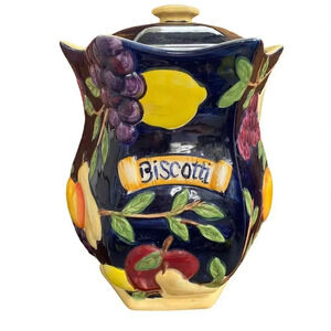 VTG Biscotti Cookie Jar Hand Painted Nonni's Dark Blue Fruit Ceramic Kitchen